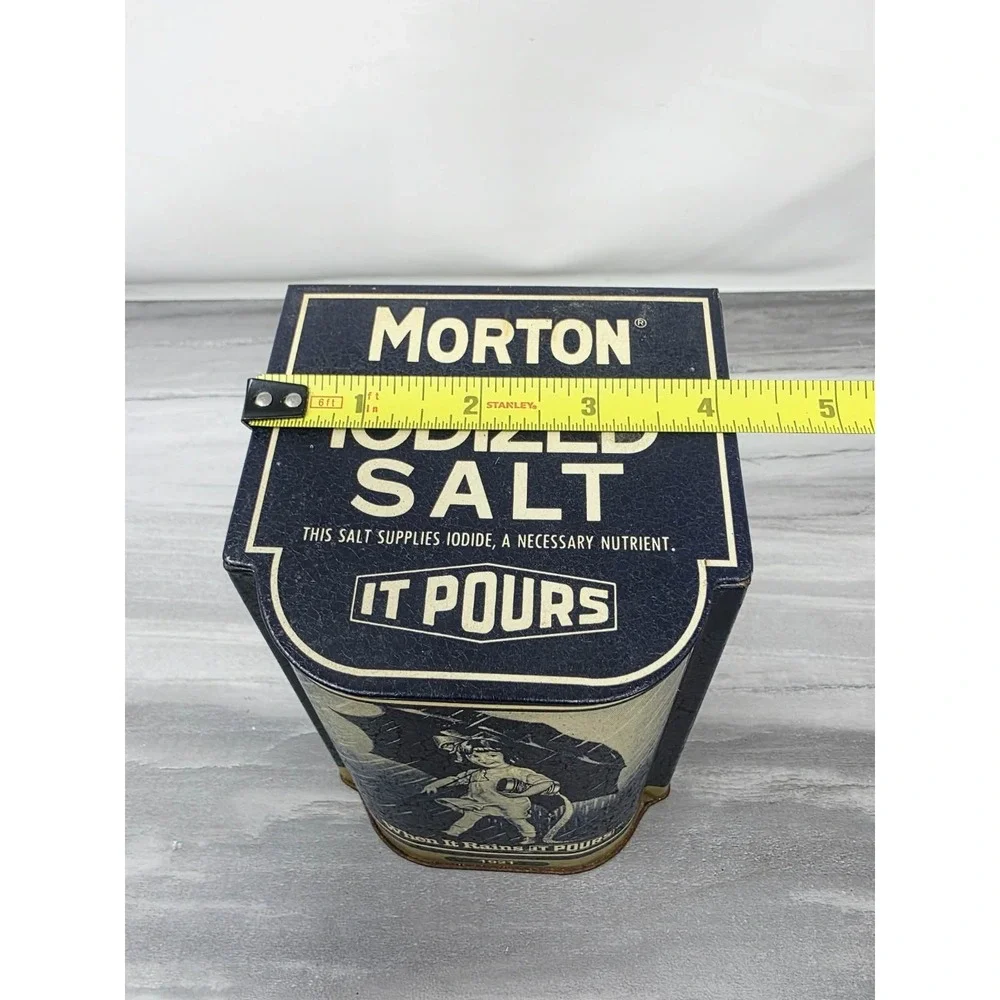 2 Vintage MORTON SALT When It Rains It Pours Metal Tin Canister Can Bristol Ware